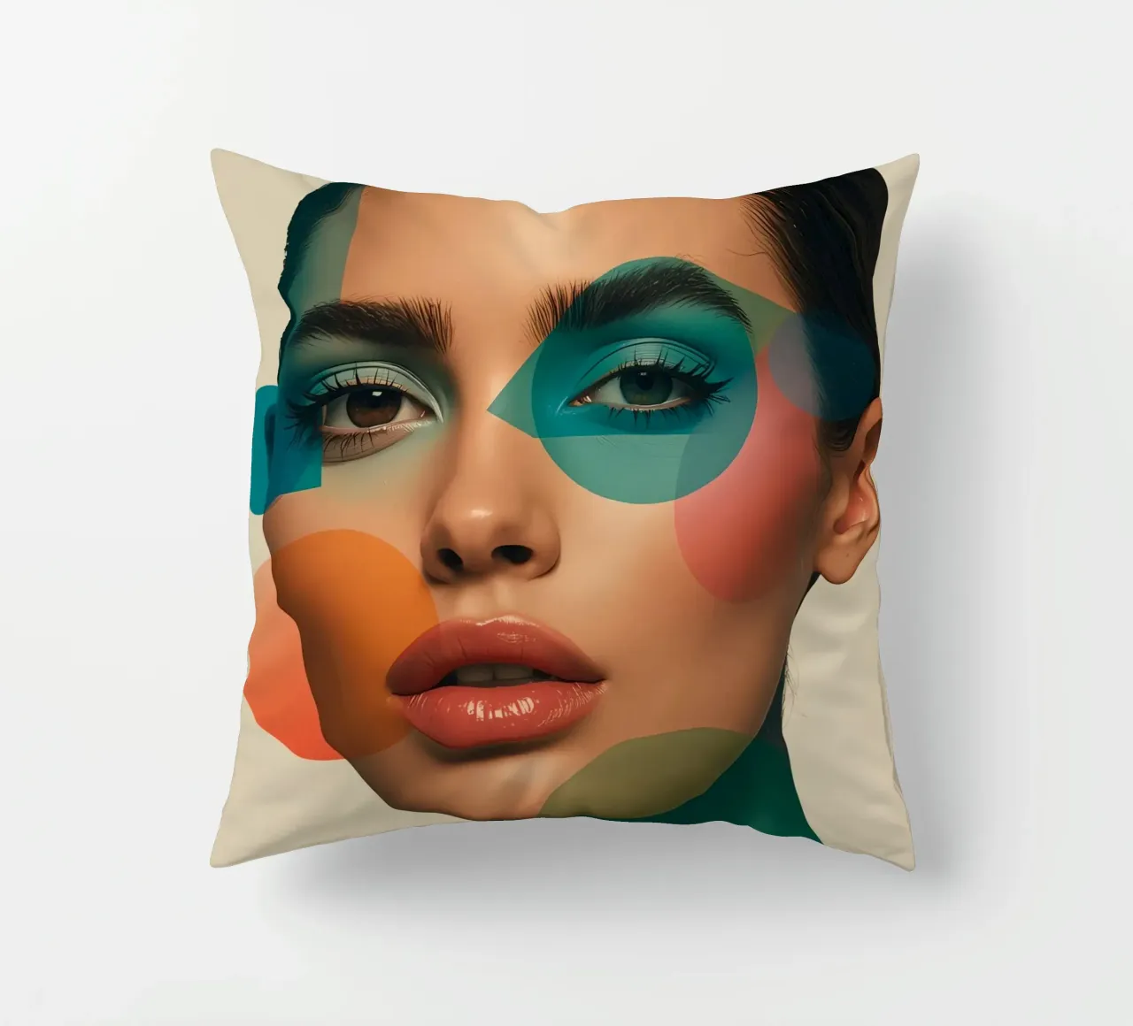 Volto di donna con forme geometriche e trucco verde acqua cuscino da DesignDoodle