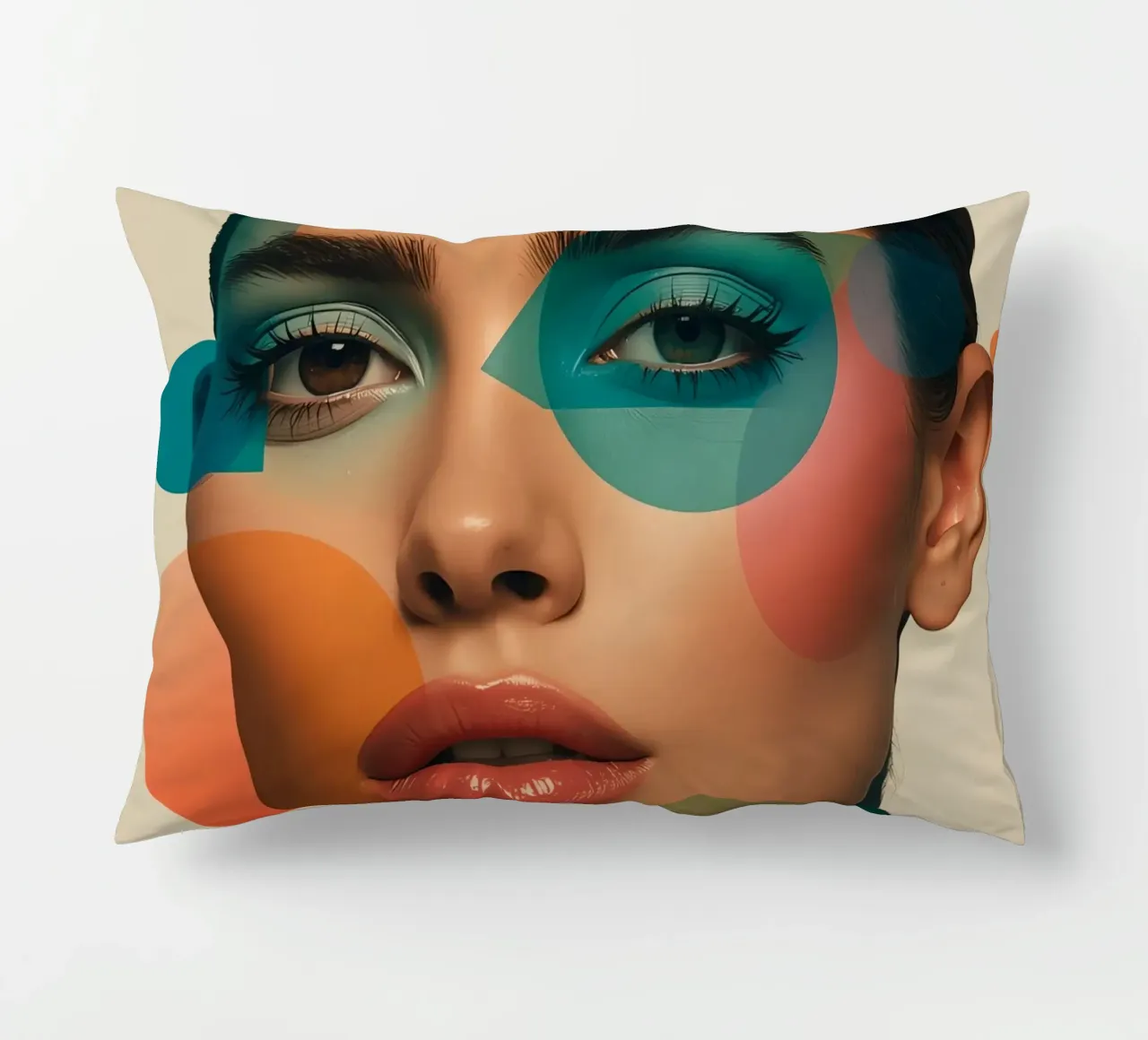 Volto di donna con forme geometriche e trucco verde acqua cuscino da DesignDoodle