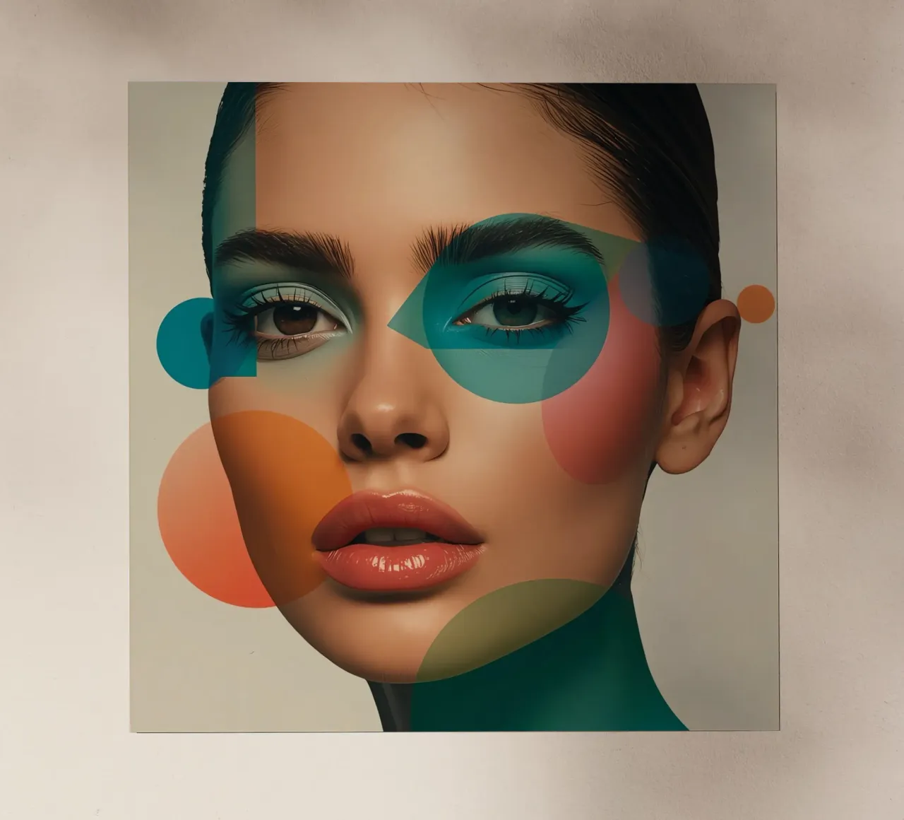 Volto di donna con forme geometriche e trucco verde acqua pellicola backlit da DesignDoodle