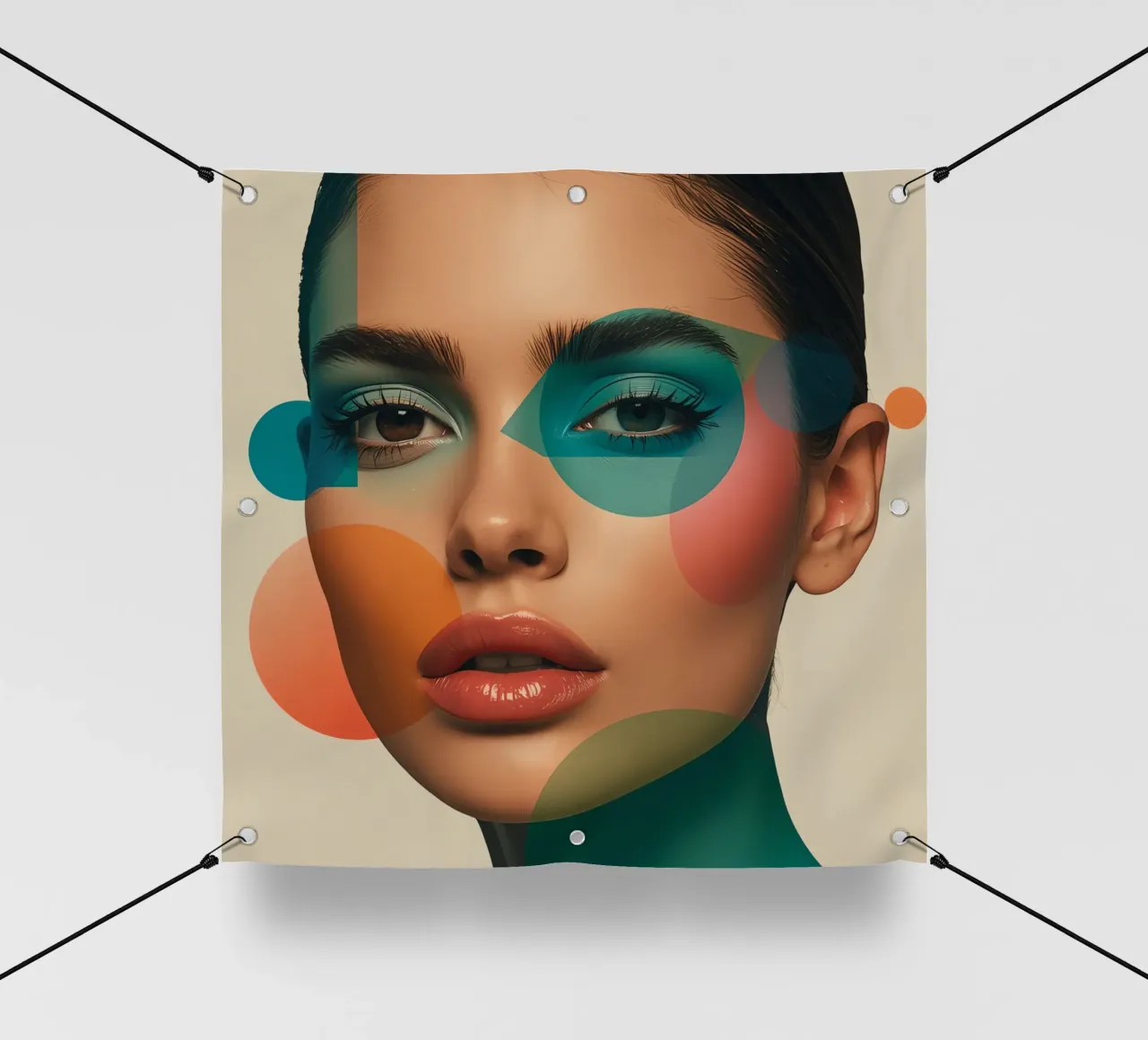 Volto di donna con forme geometriche e trucco verde acqua telo in pvc da DesignDoodle