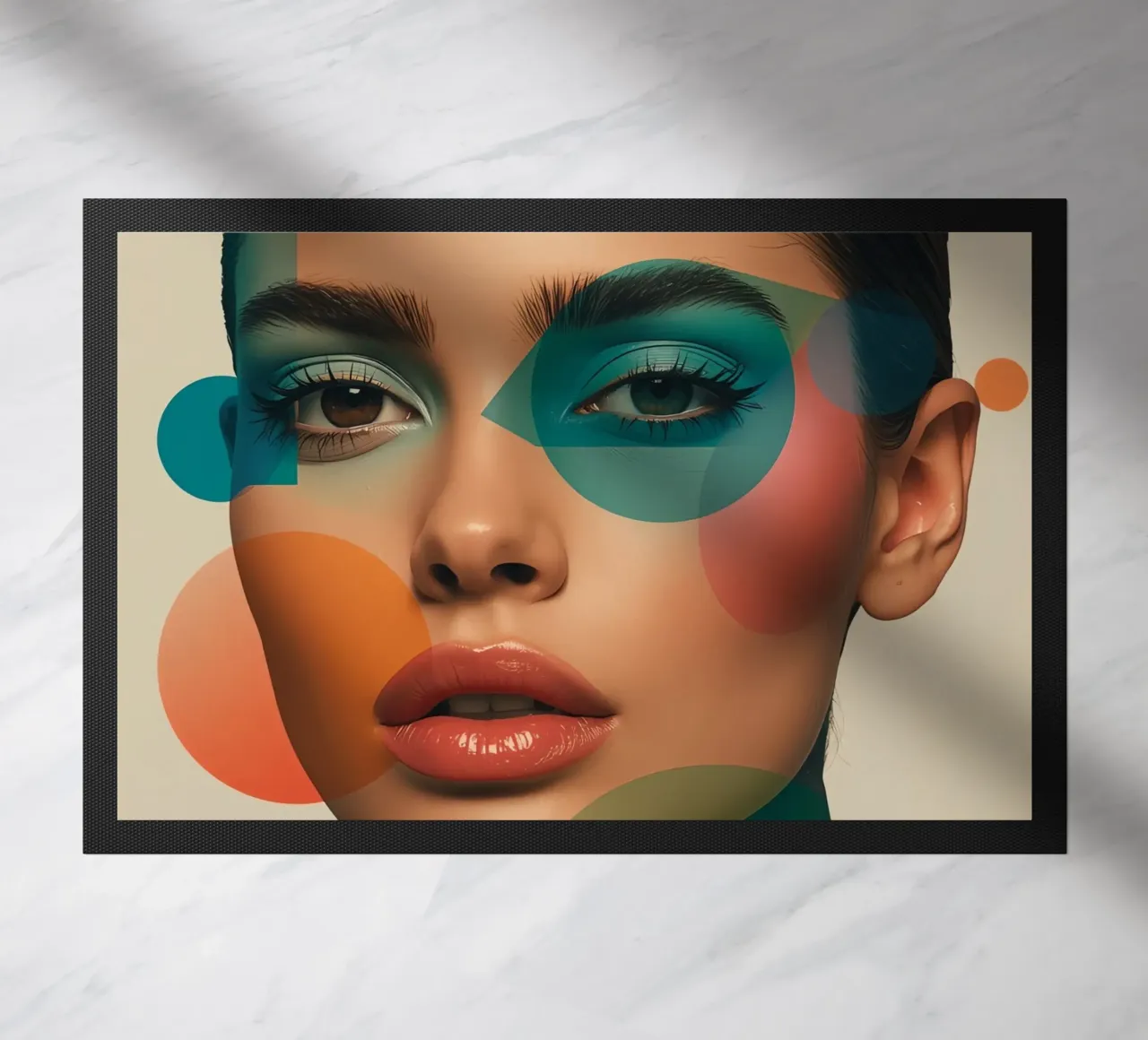 Volto di donna con forme geometriche e trucco verde acqua zerbino da DesignDoodle
