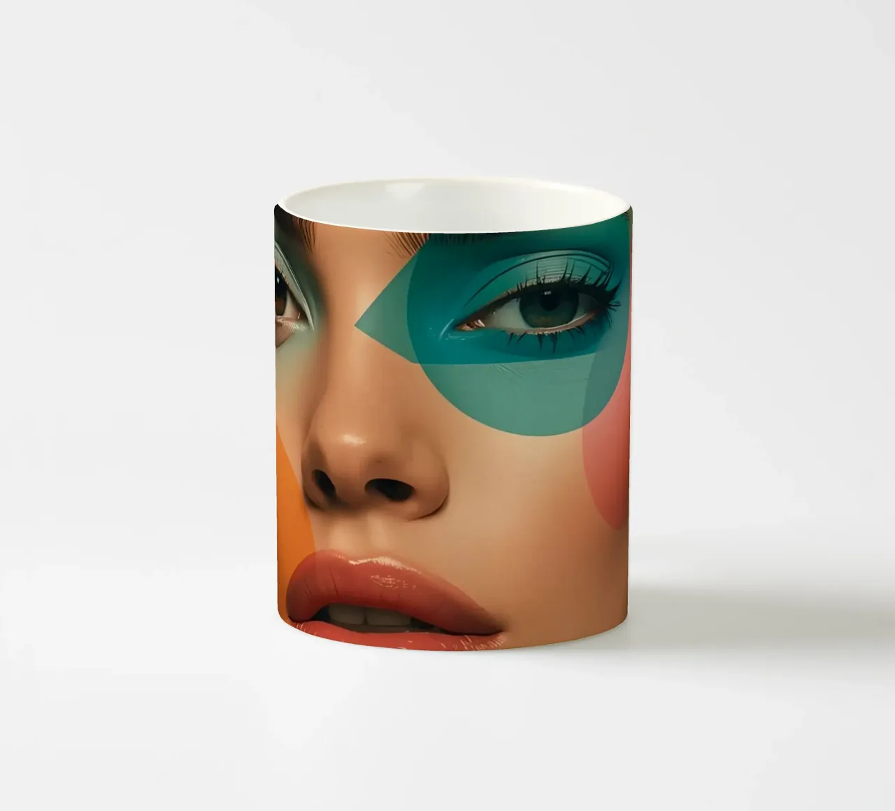 Volto di donna con forme geometriche e trucco verde acqua tazza in ceramica da DesignDoodle
