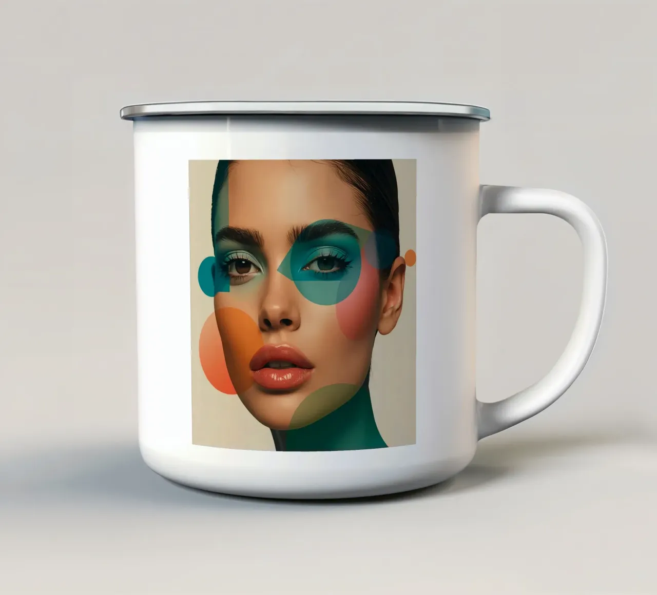 Volto di donna con forme geometriche e trucco verde acqua tazza in smalto da DesignDoodle