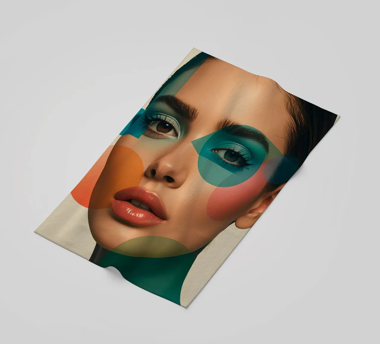 Volto di donna con forme geometriche e trucco verde acqua telo mare da DesignDoodle