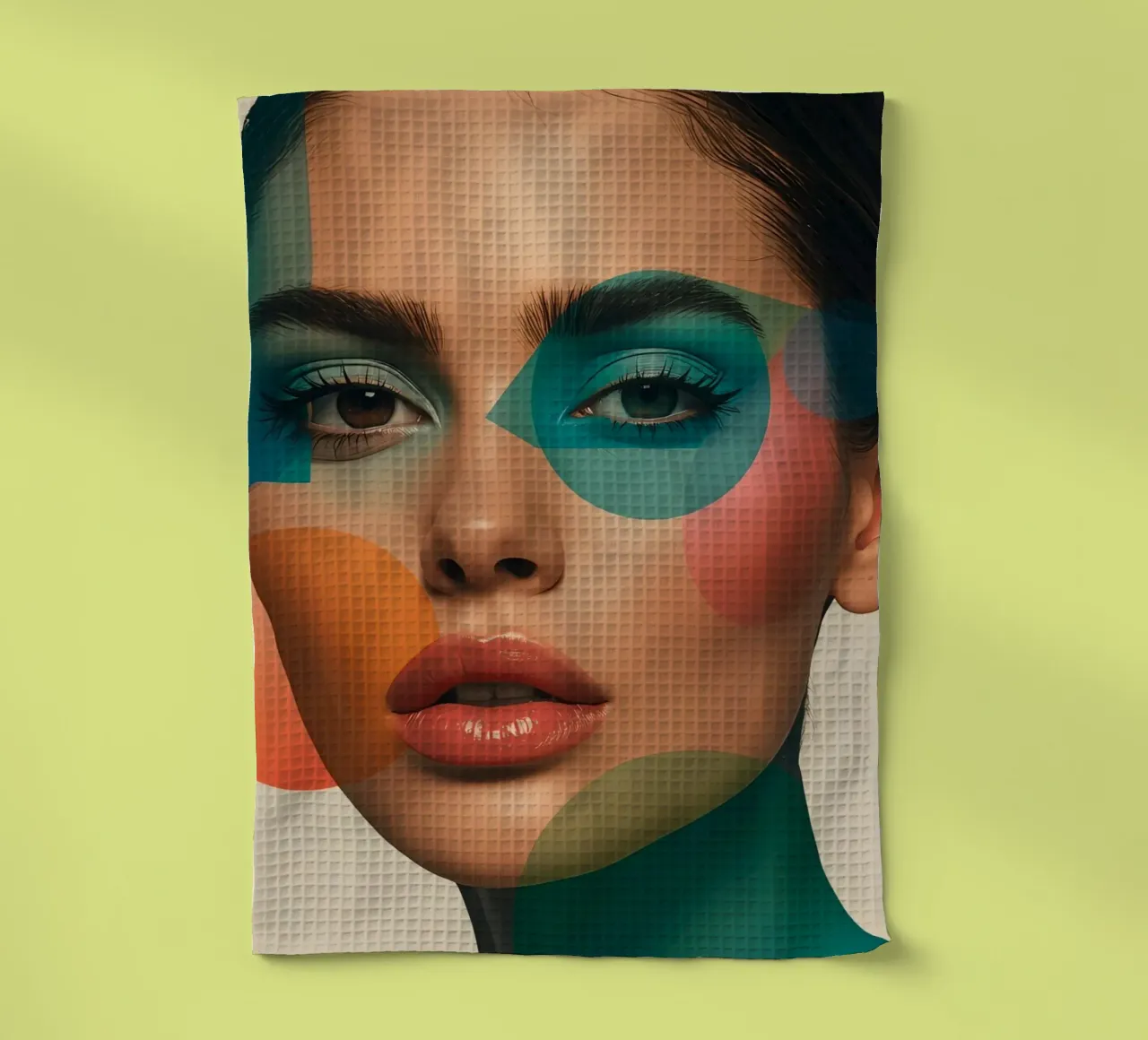 Volto di donna con forme geometriche e trucco verde acqua canovaccio da cucina da DesignDoodle