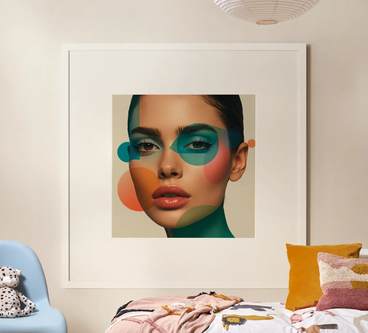Volto di donna con forme geometriche e trucco verde acqua poster con telaio in alluminio da DesignDoodle