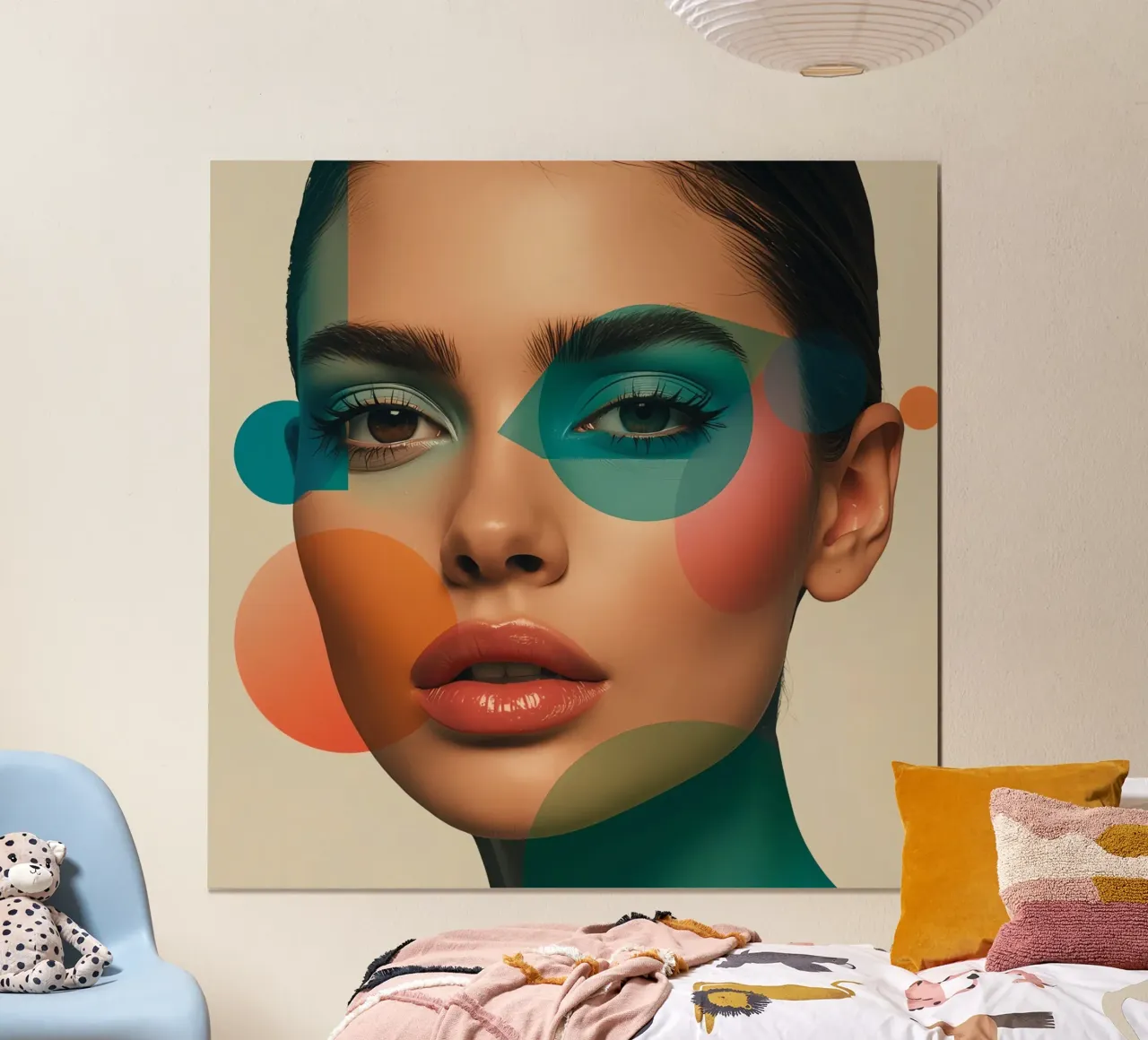Volto di donna con forme geometriche e trucco verde acqua poster con telaio in alluminio da DesignDoodle