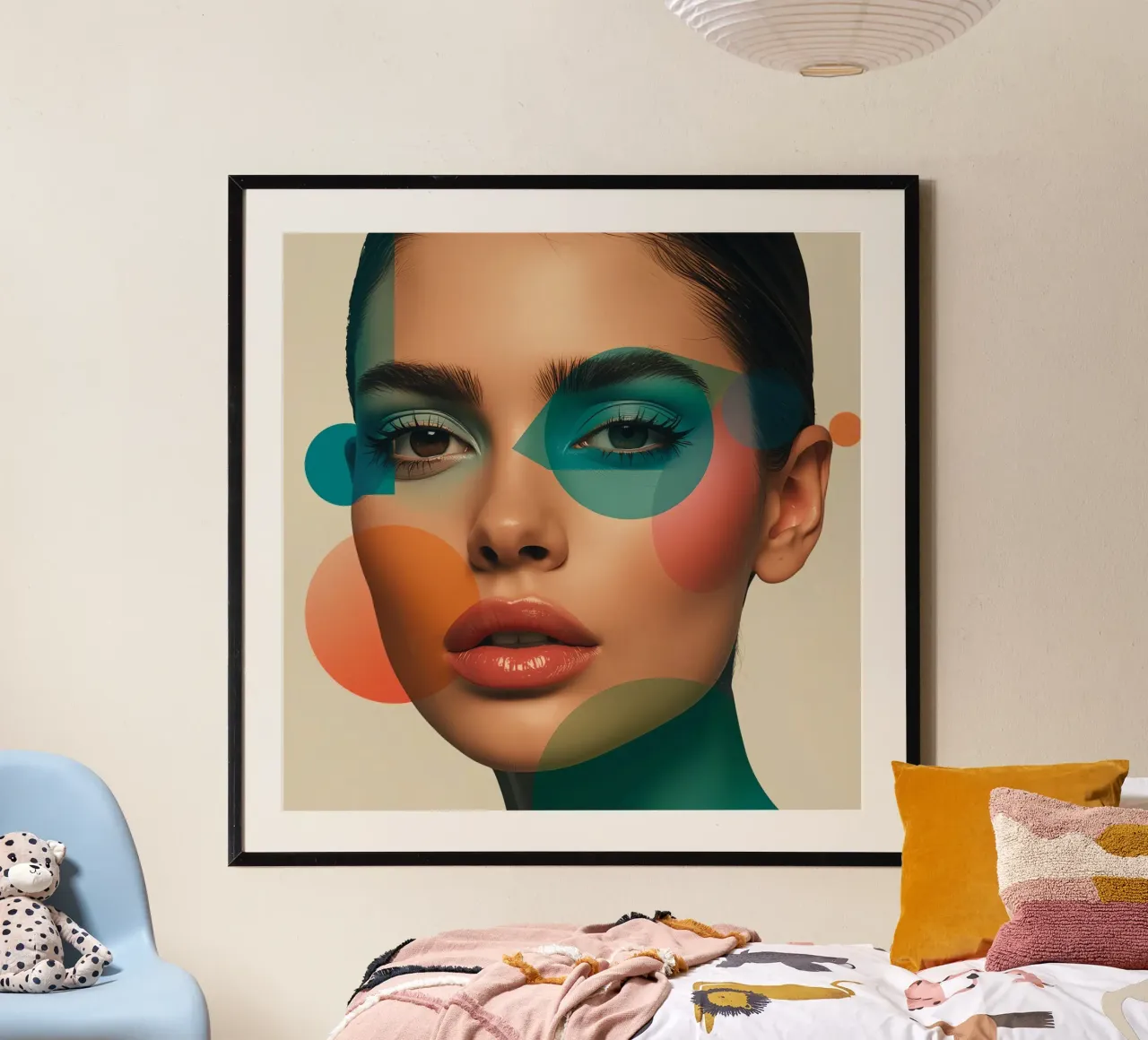 Volto di donna con forme geometriche e trucco verde acqua poster con telaio in alluminio da DesignDoodle