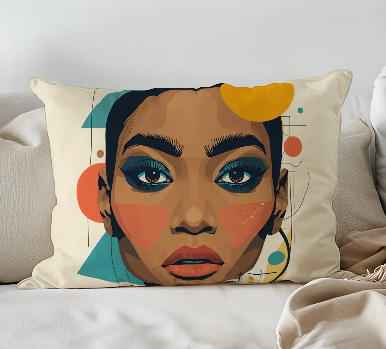 Volto di donna con forme geometriche Illustrazione digitale cuscino da DesignDoodle