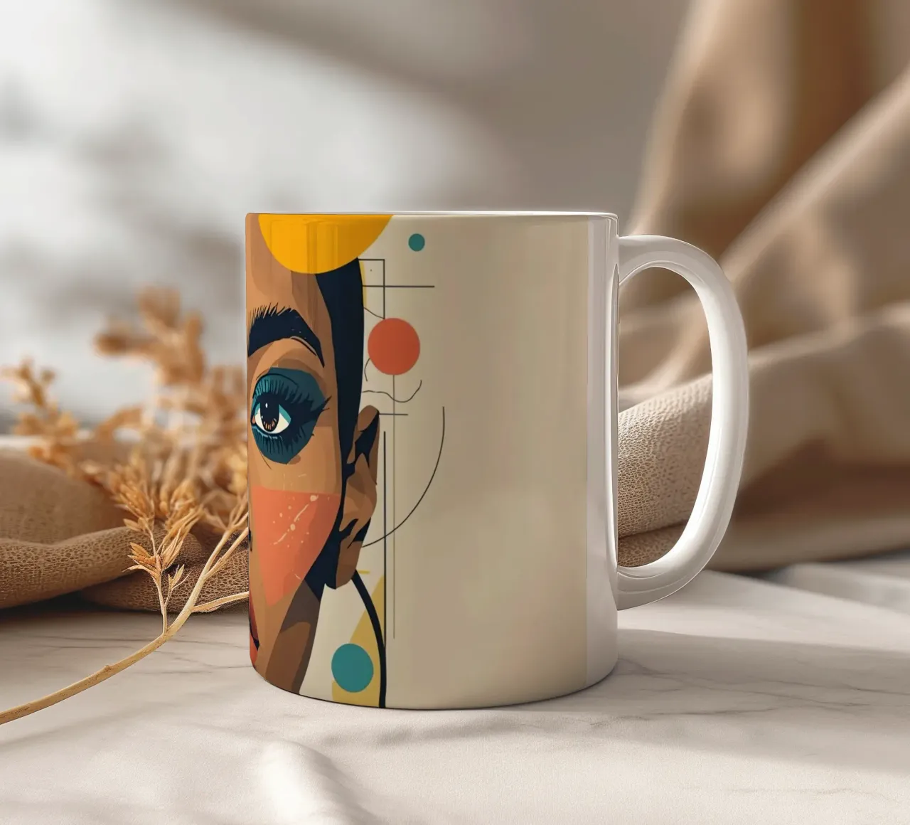 Volto di donna con forme geometriche Illustrazione digitale tazza in ceramica da DesignDoodle