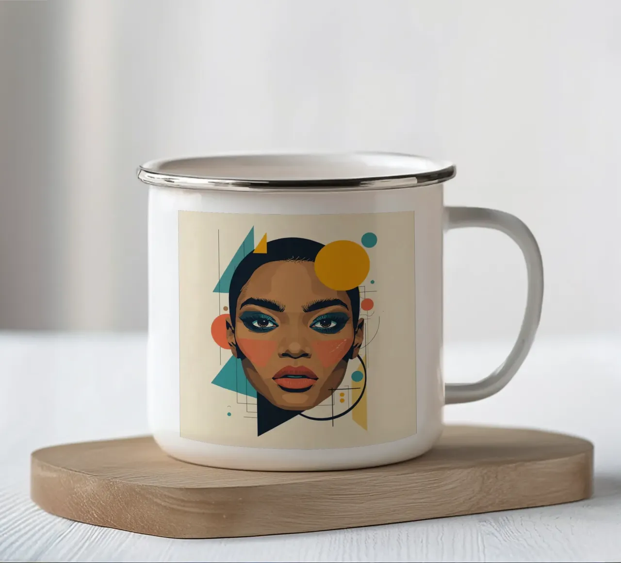 Volto di donna con forme geometriche Illustrazione digitale tazza in smalto da DesignDoodle