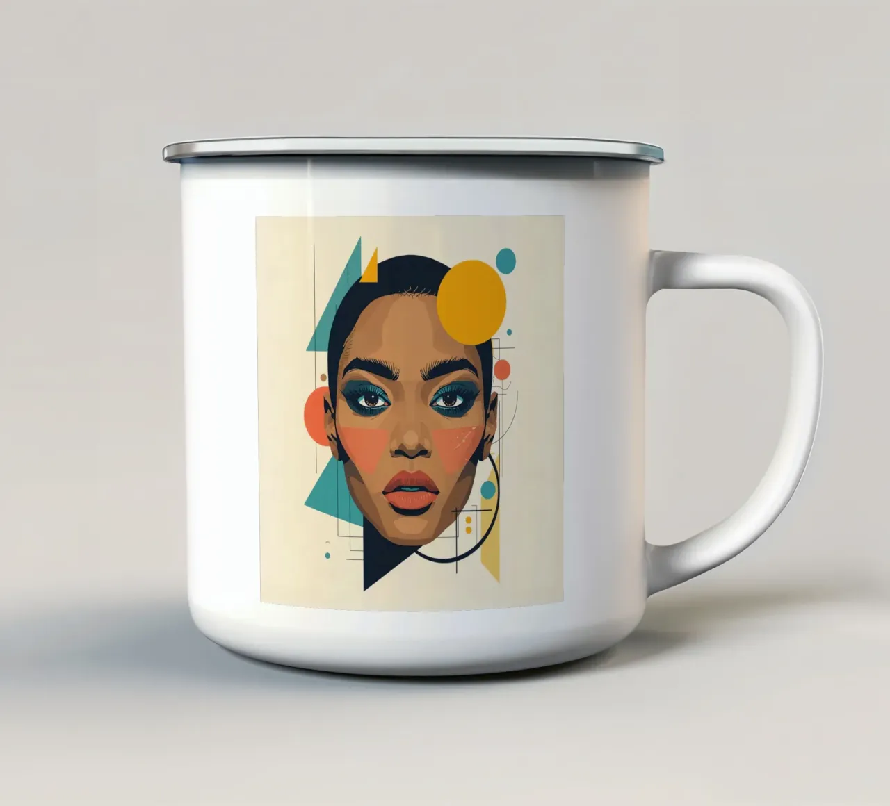 Volto di donna con forme geometriche Illustrazione digitale tazza in smalto da DesignDoodle