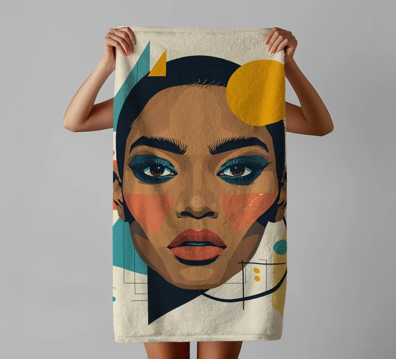 Volto di donna con forme geometriche Illustrazione digitale asciugamano da bagno da DesignDoodle