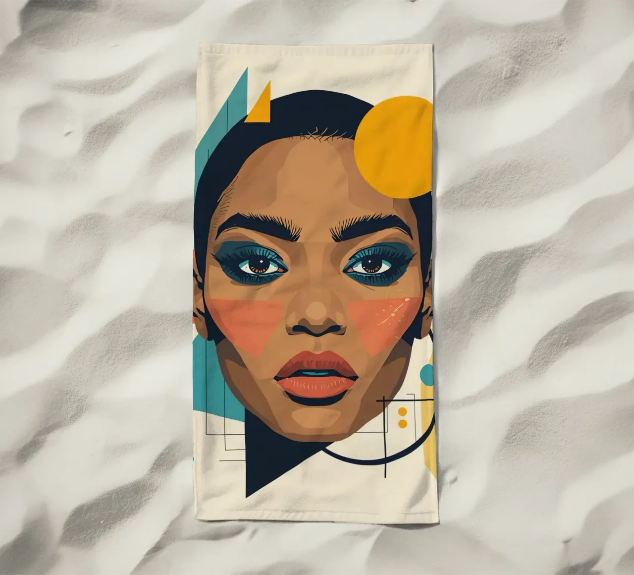 Volto di donna con forme geometriche Illustrazione digitale telo mare da DesignDoodle