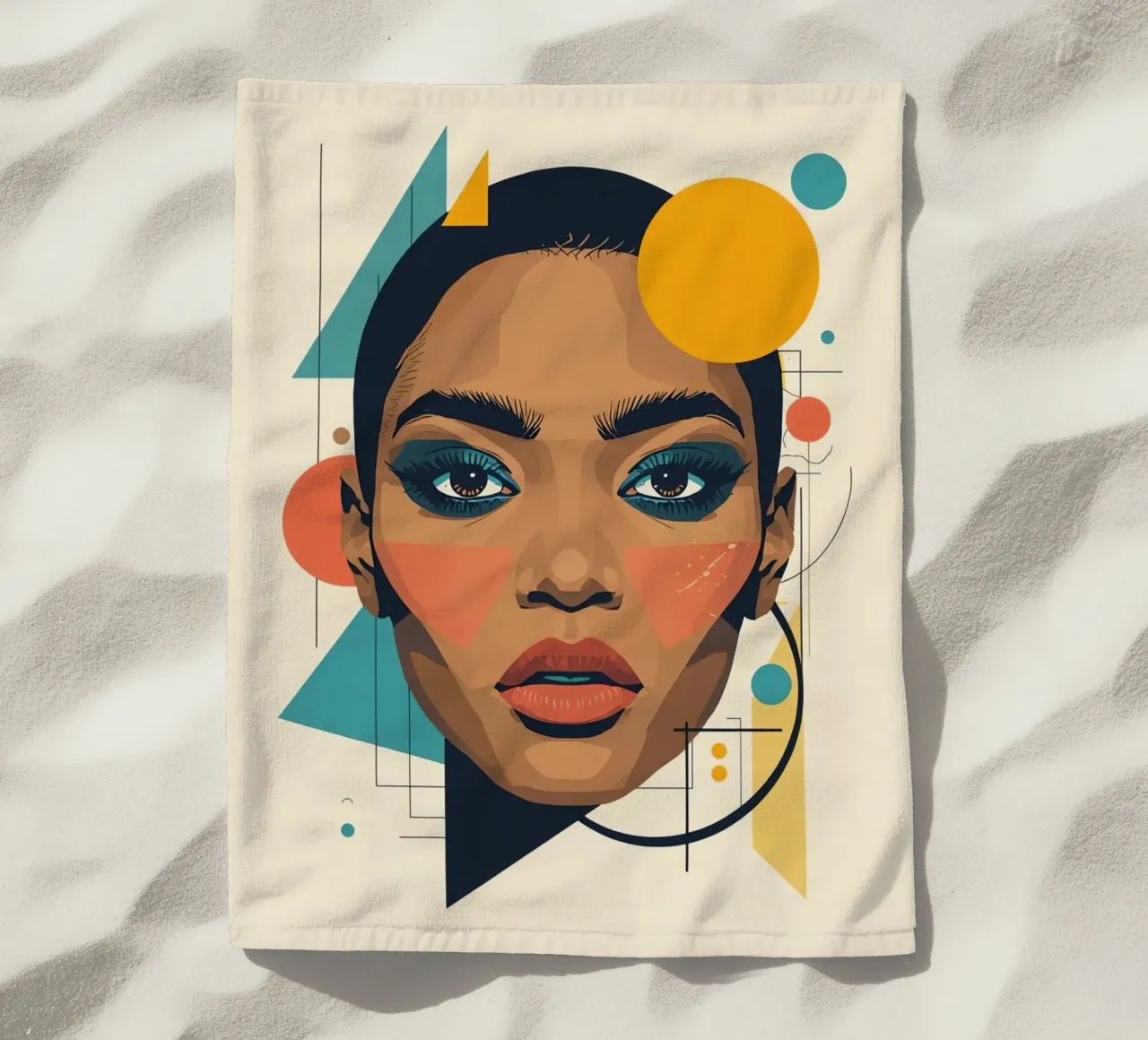 Volto di donna con forme geometriche Illustrazione digitale telo mare da DesignDoodle