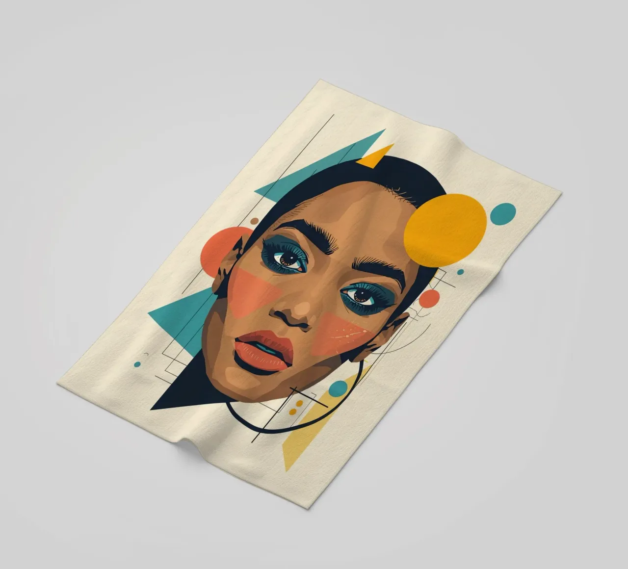 Volto di donna con forme geometriche Illustrazione digitale telo mare da DesignDoodle