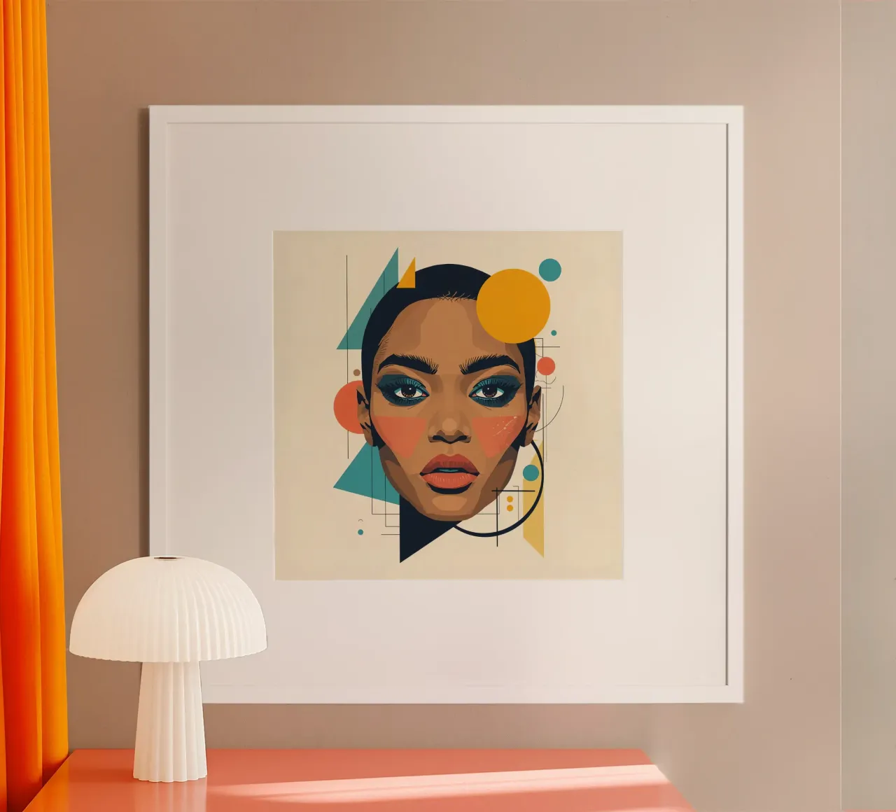 Volto di donna con forme geometriche Illustrazione digitale poster con telaio in legno da DesignDoodle
