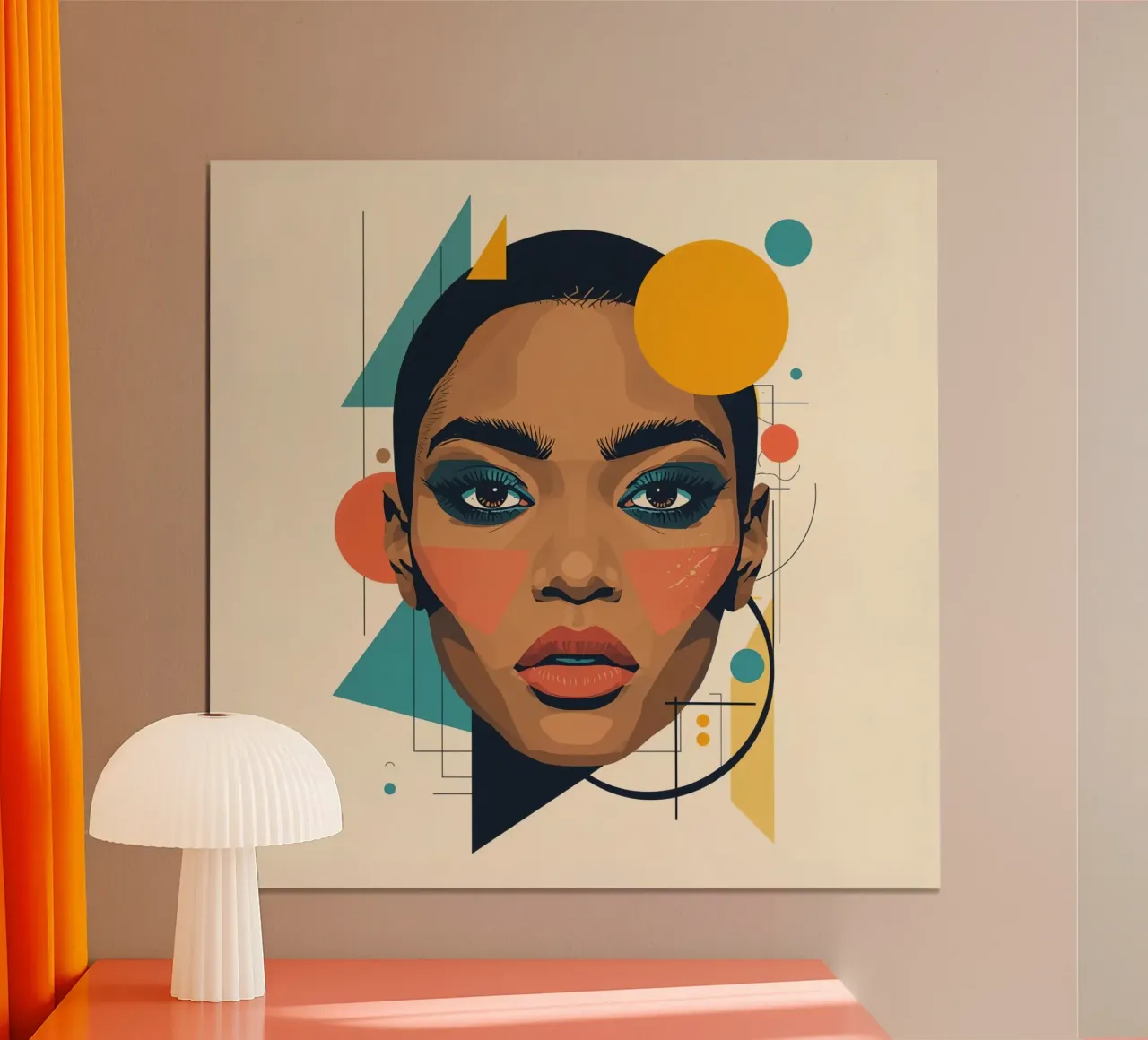 Volto di donna con forme geometriche Illustrazione digitale poster con telaio in legno da DesignDoodle