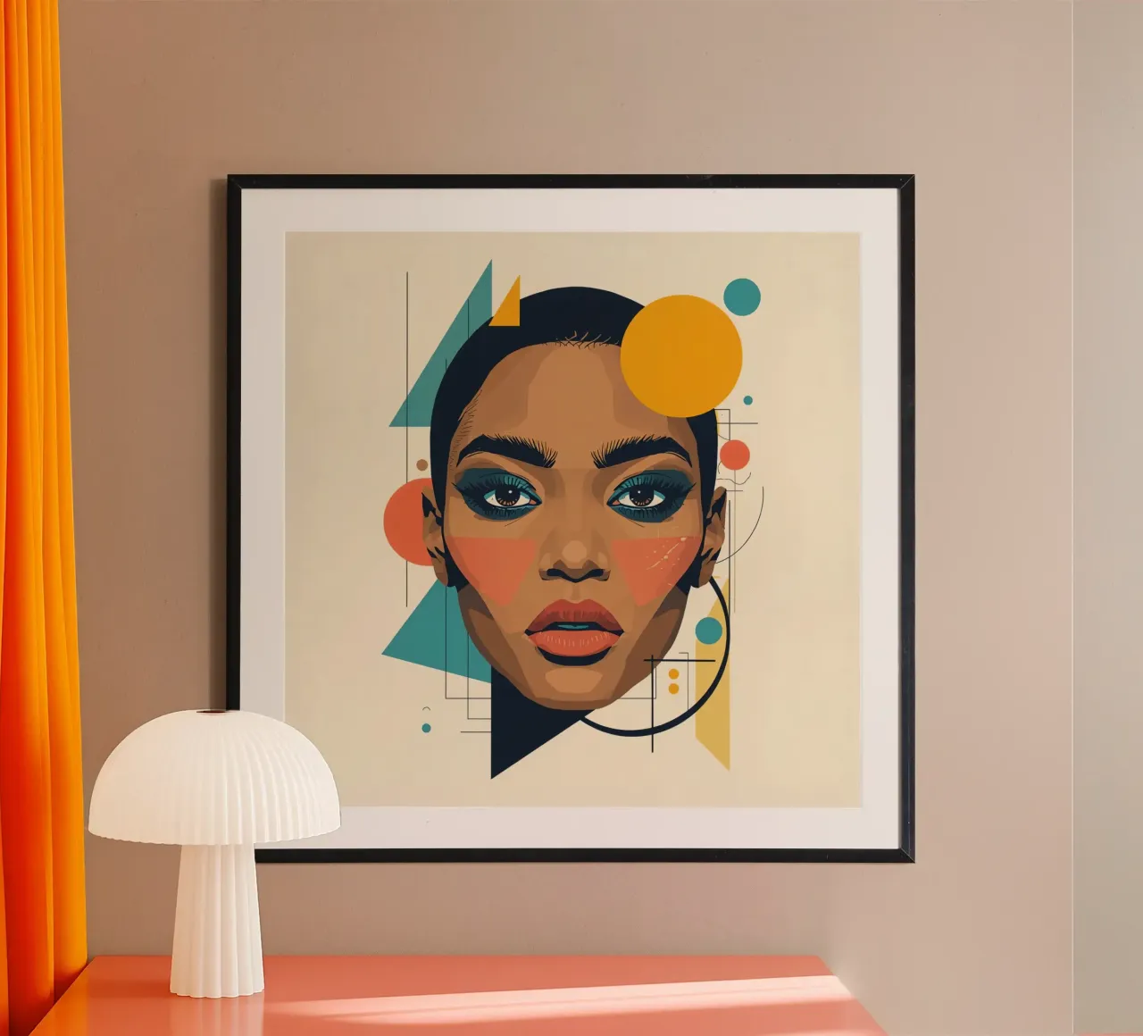 Volto di donna con forme geometriche Illustrazione digitale poster con telaio in legno da DesignDoodle