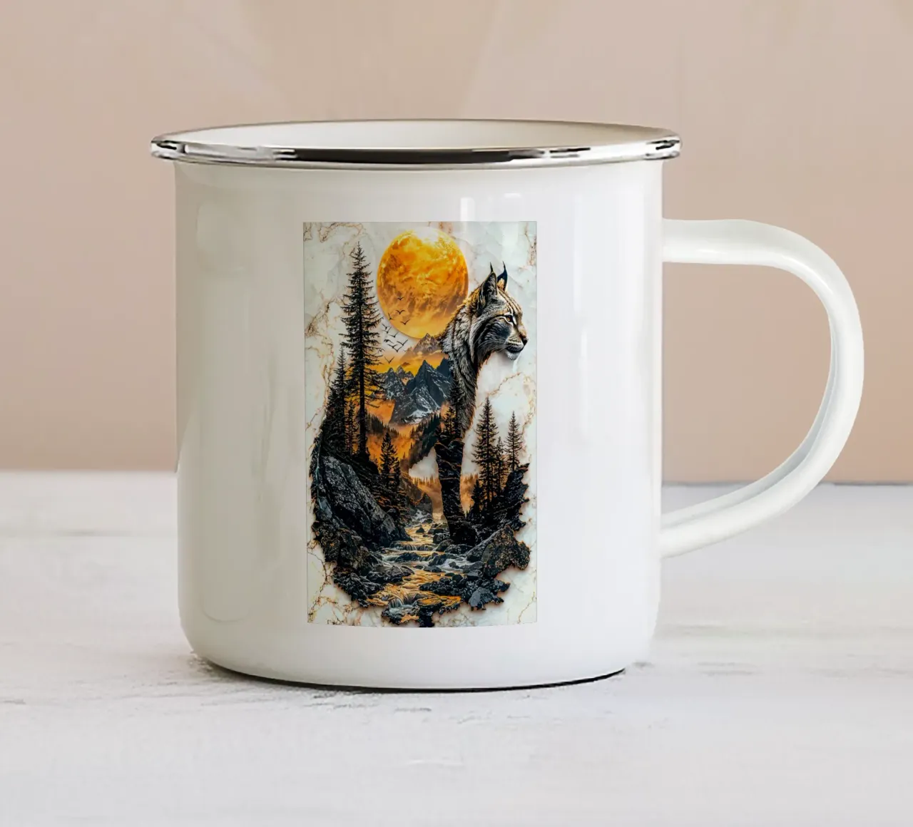 Lynx Mountain Sunset tazza in smalto da Pixaverse