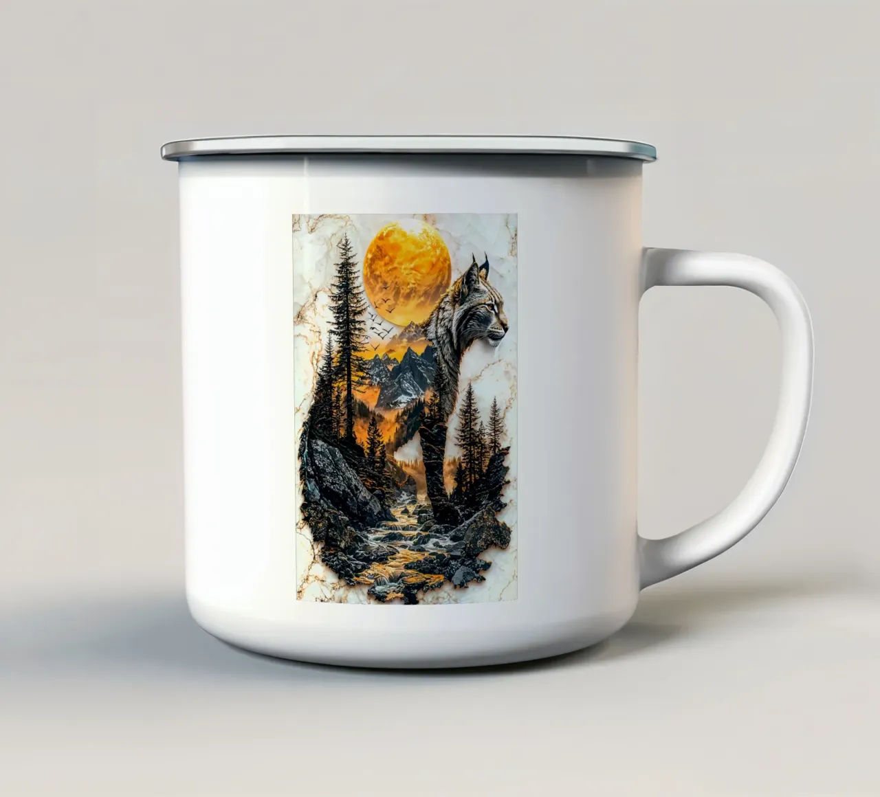 Lynx Mountain Sunset tazza in smalto da Pixaverse