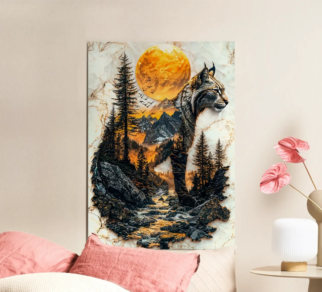 Lynx Mountain Sunset poster con telaio in legno da Pixaverse