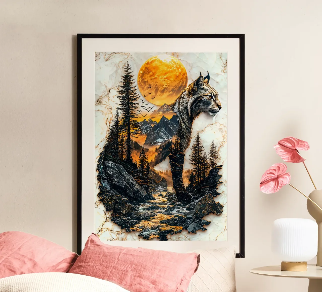 Lynx Mountain Sunset poster con telaio in legno da Pixaverse