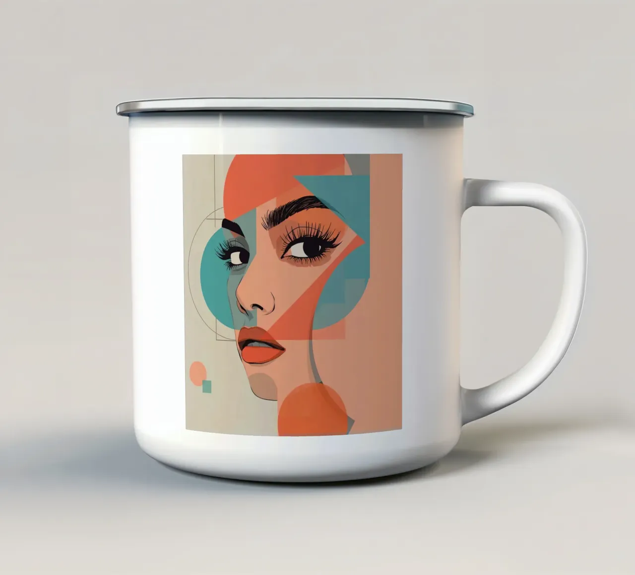 Volto di donna con illustrazione di forme geometriche tazza in smalto da DesignDoodle