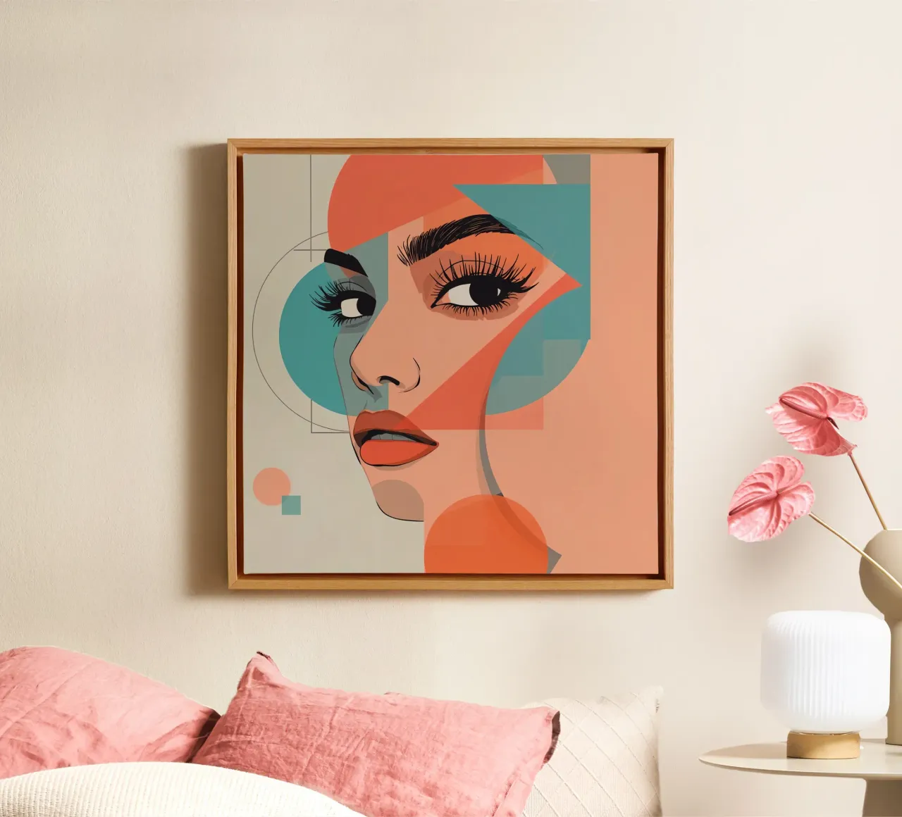 Volto di donna con illustrazione di forme geometriche tela con Cornice a cassetta da DesignDoodle