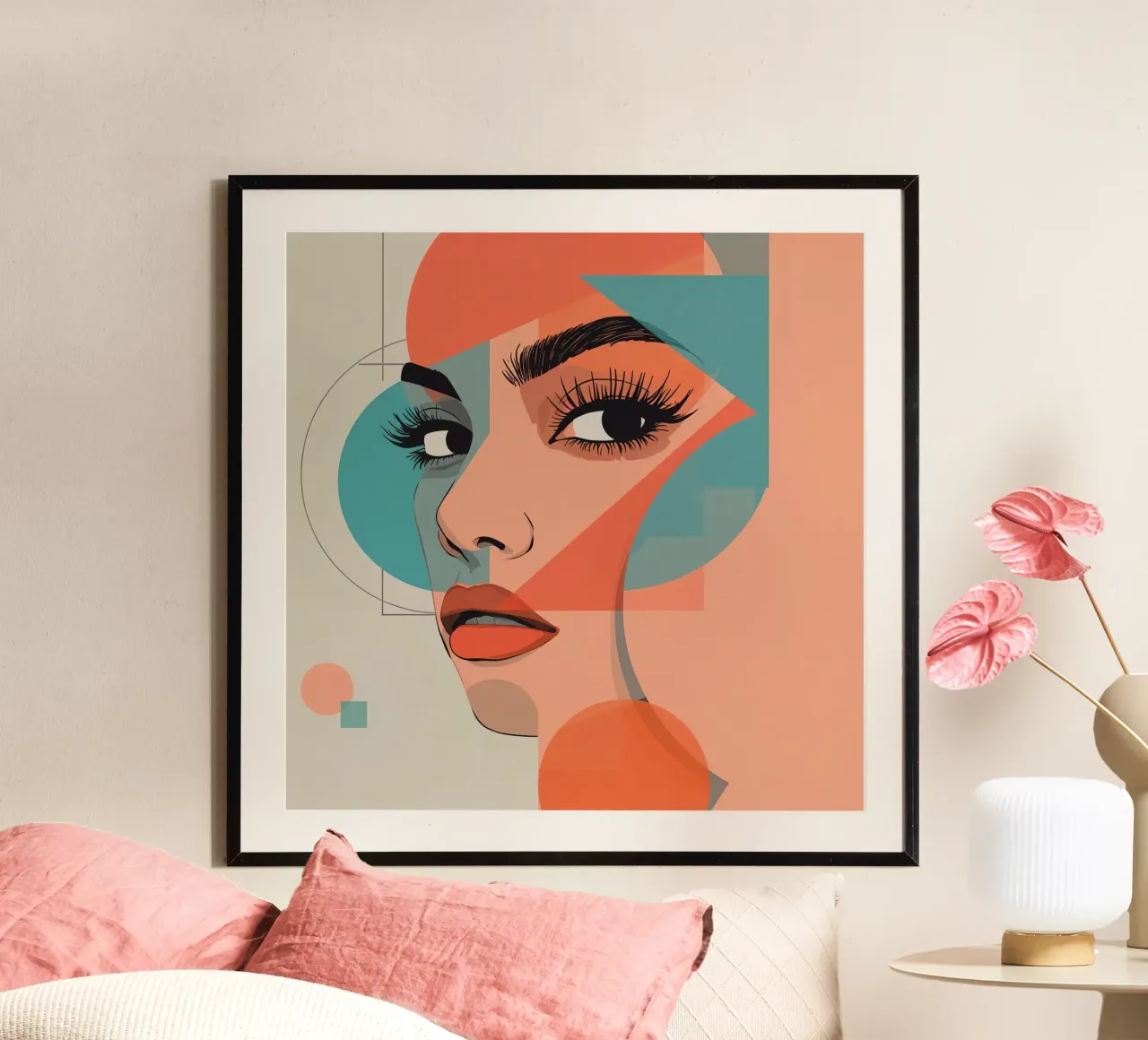 Volto di donna con illustrazione di forme geometriche poster con telaio in legno da DesignDoodle