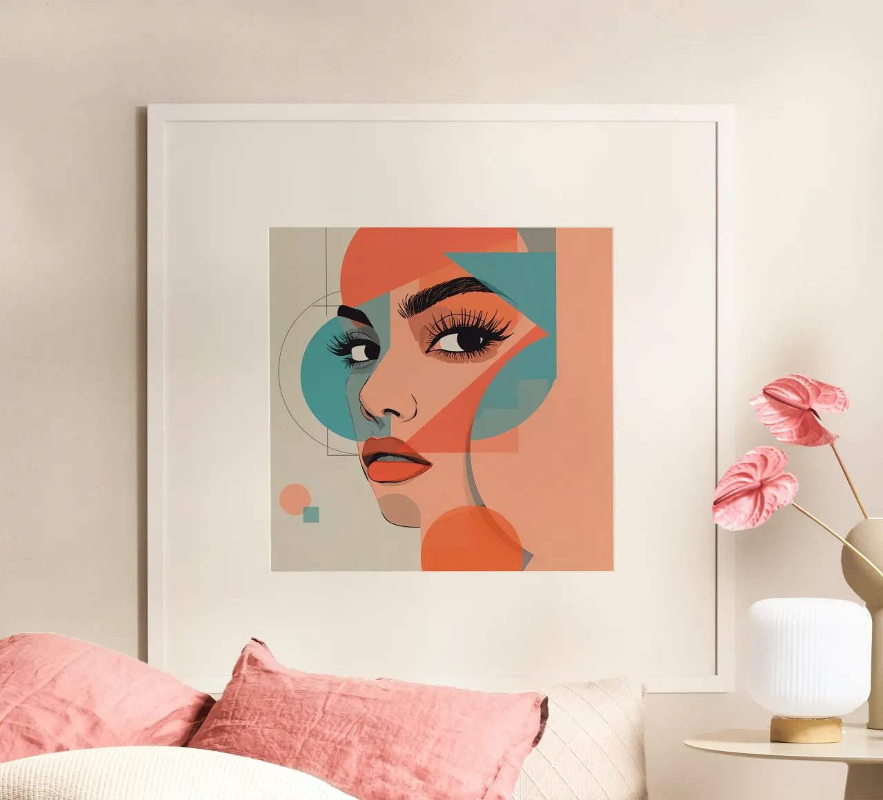 Volto di donna con illustrazione di forme geometriche poster con telaio in legno da DesignDoodle