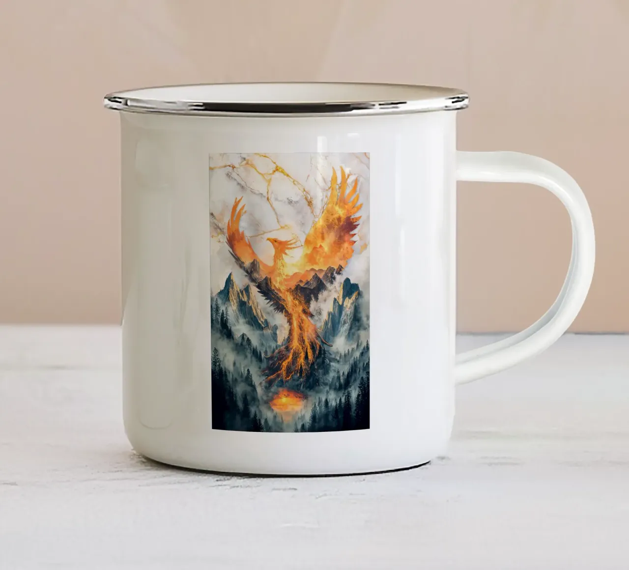 Phoenix’s Rebirth tazza in smalto da Pixaverse