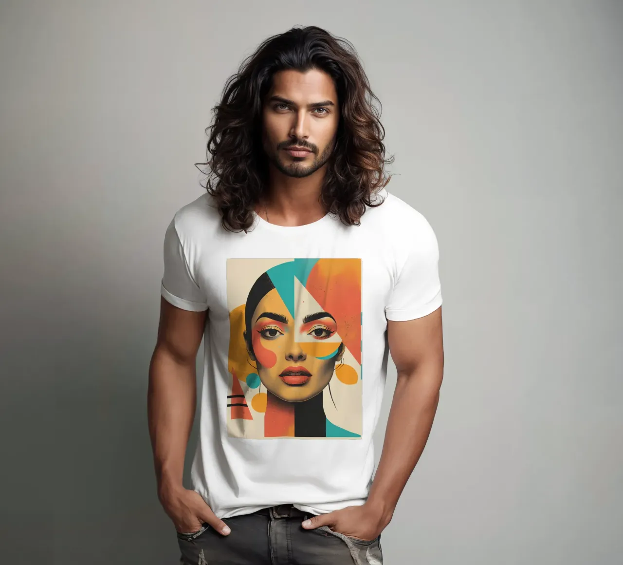 Volto di donna con sovrapposizione di forme geometriche in pastello t-shirt da DesignDoodle