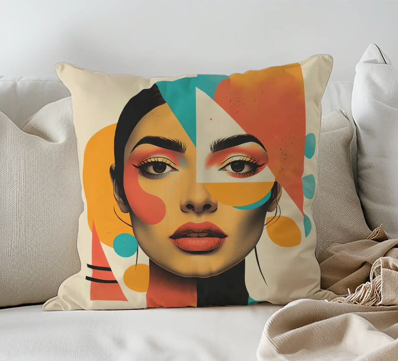 Volto di donna con sovrapposizione di forme geometriche in pastello cuscino da DesignDoodle