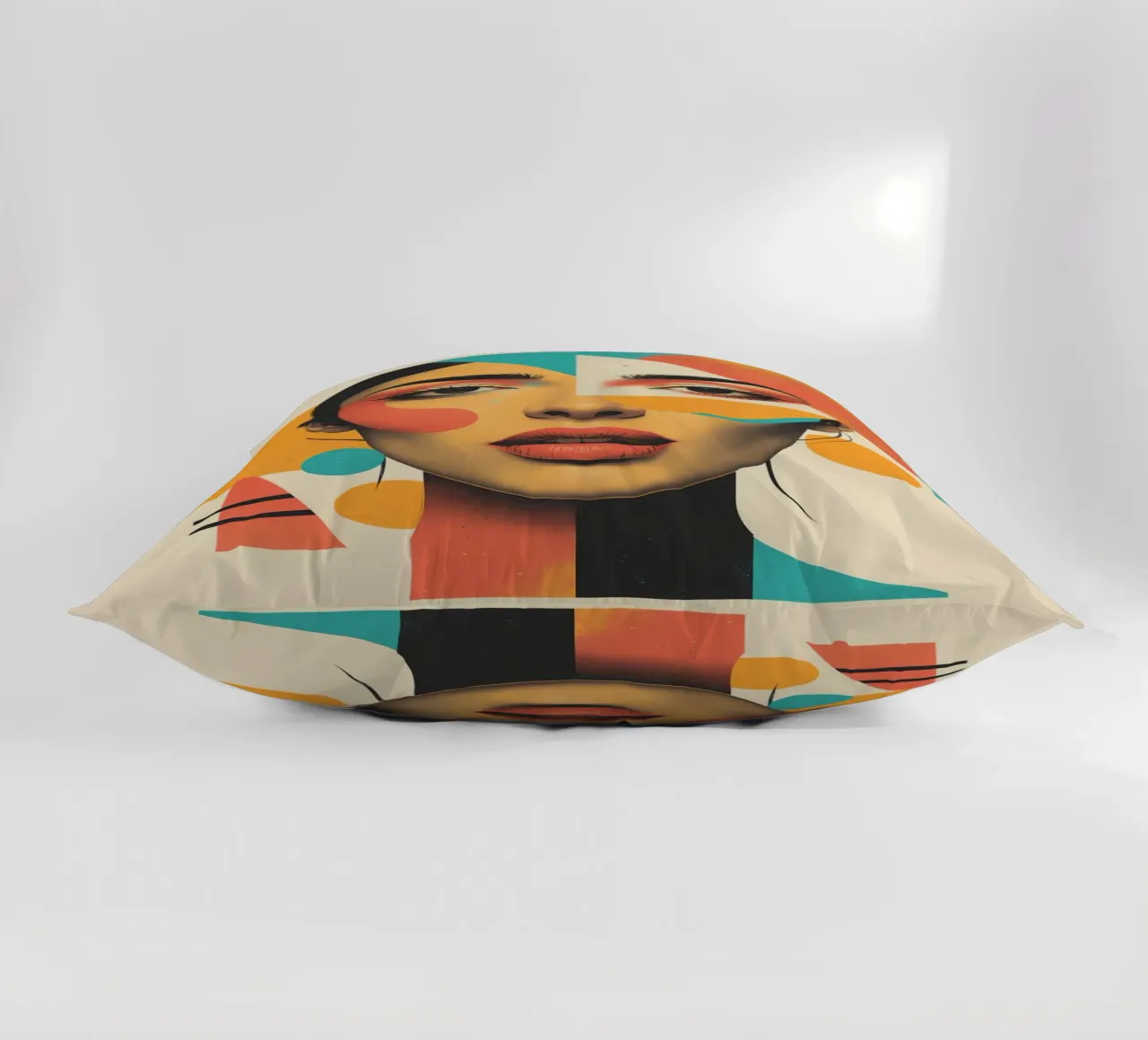 Volto di donna con sovrapposizione di forme geometriche in pastello cuscino da DesignDoodle