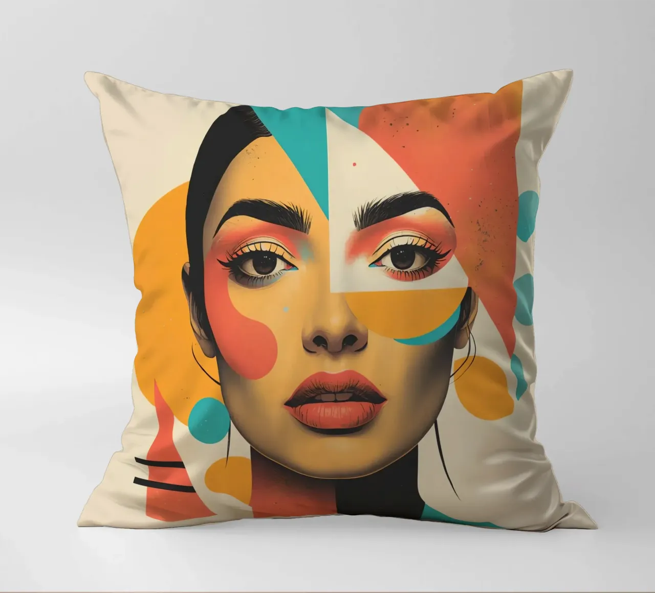 Volto di donna con sovrapposizione di forme geometriche in pastello cuscino da DesignDoodle