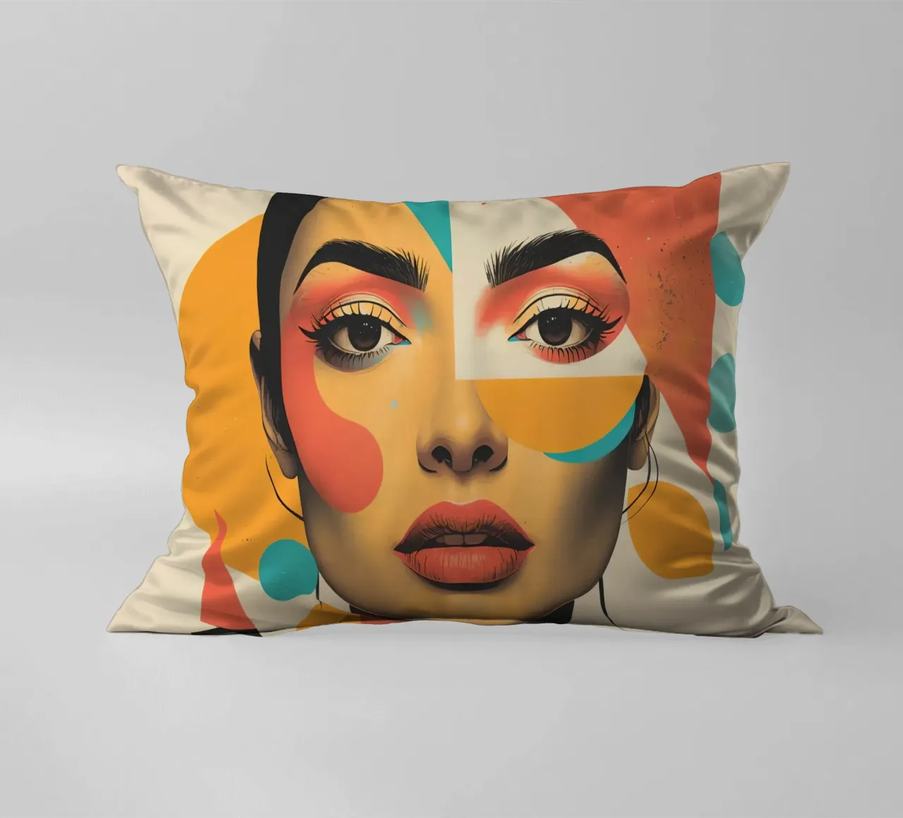 Volto di donna con sovrapposizione di forme geometriche in pastello cuscino da DesignDoodle
