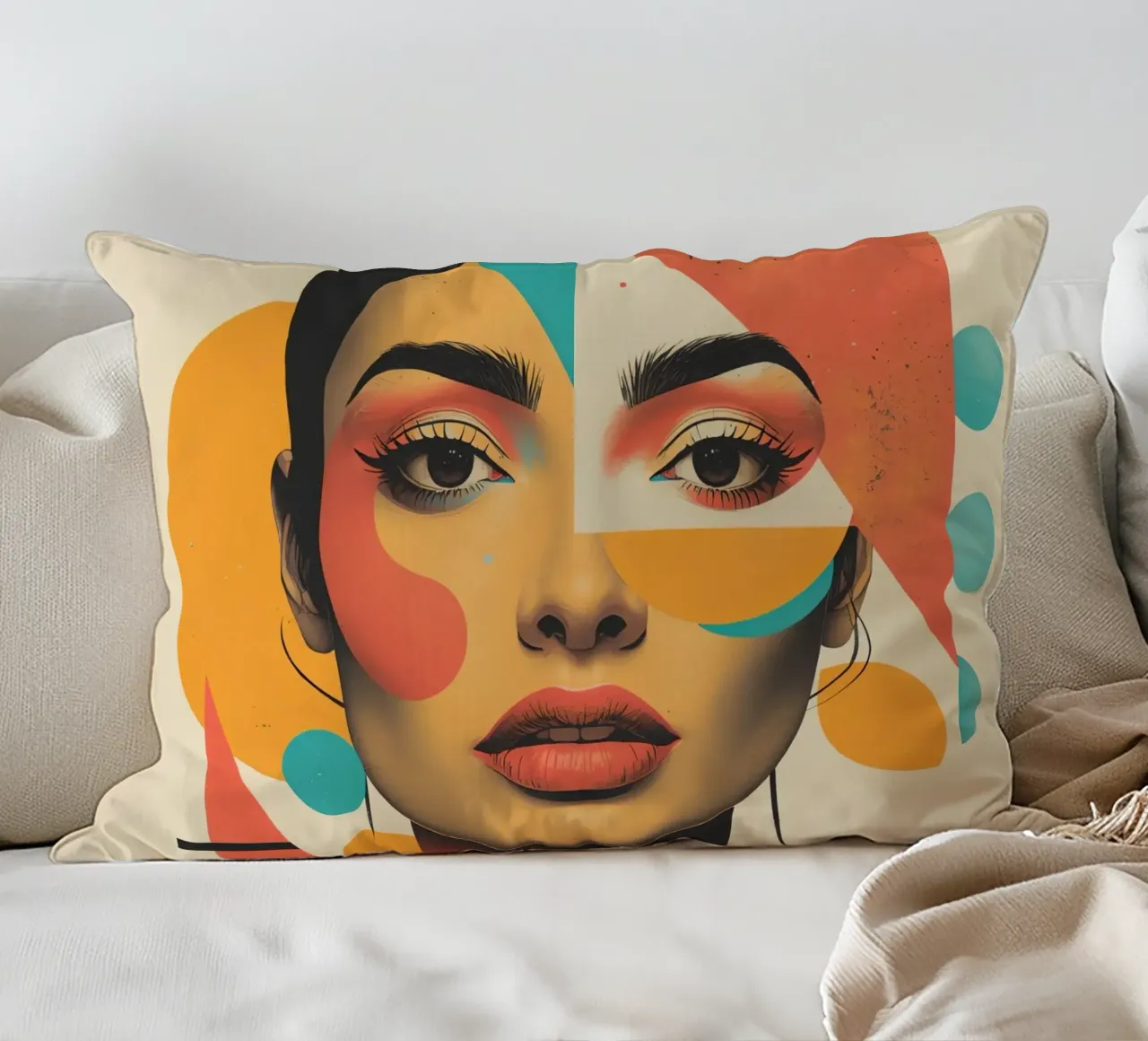 Volto di donna con sovrapposizione di forme geometriche in pastello cuscino da DesignDoodle