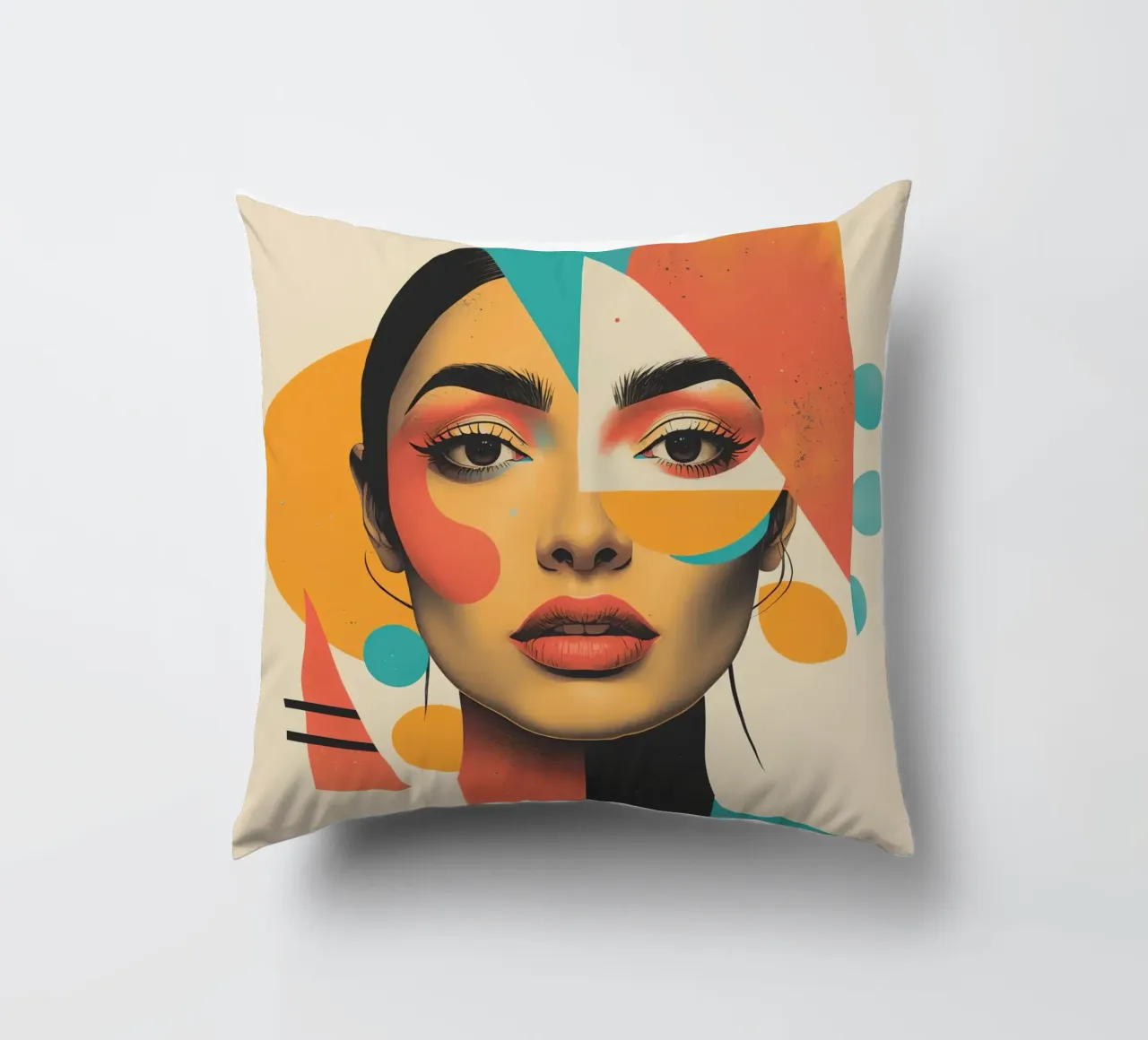 Volto di donna con sovrapposizione di forme geometriche in pastello cuscino da DesignDoodle