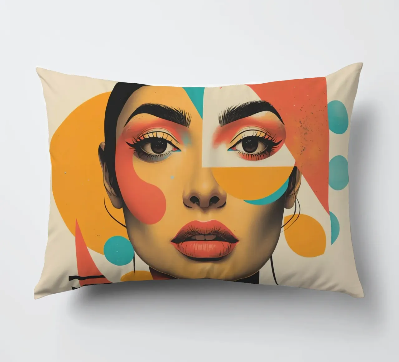 Volto di donna con sovrapposizione di forme geometriche in pastello cuscino da DesignDoodle