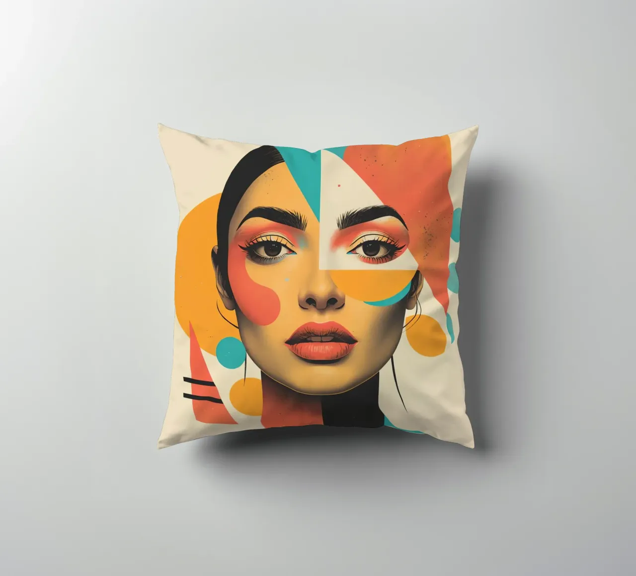 Volto di donna con sovrapposizione di forme geometriche in pastello cuscino da DesignDoodle