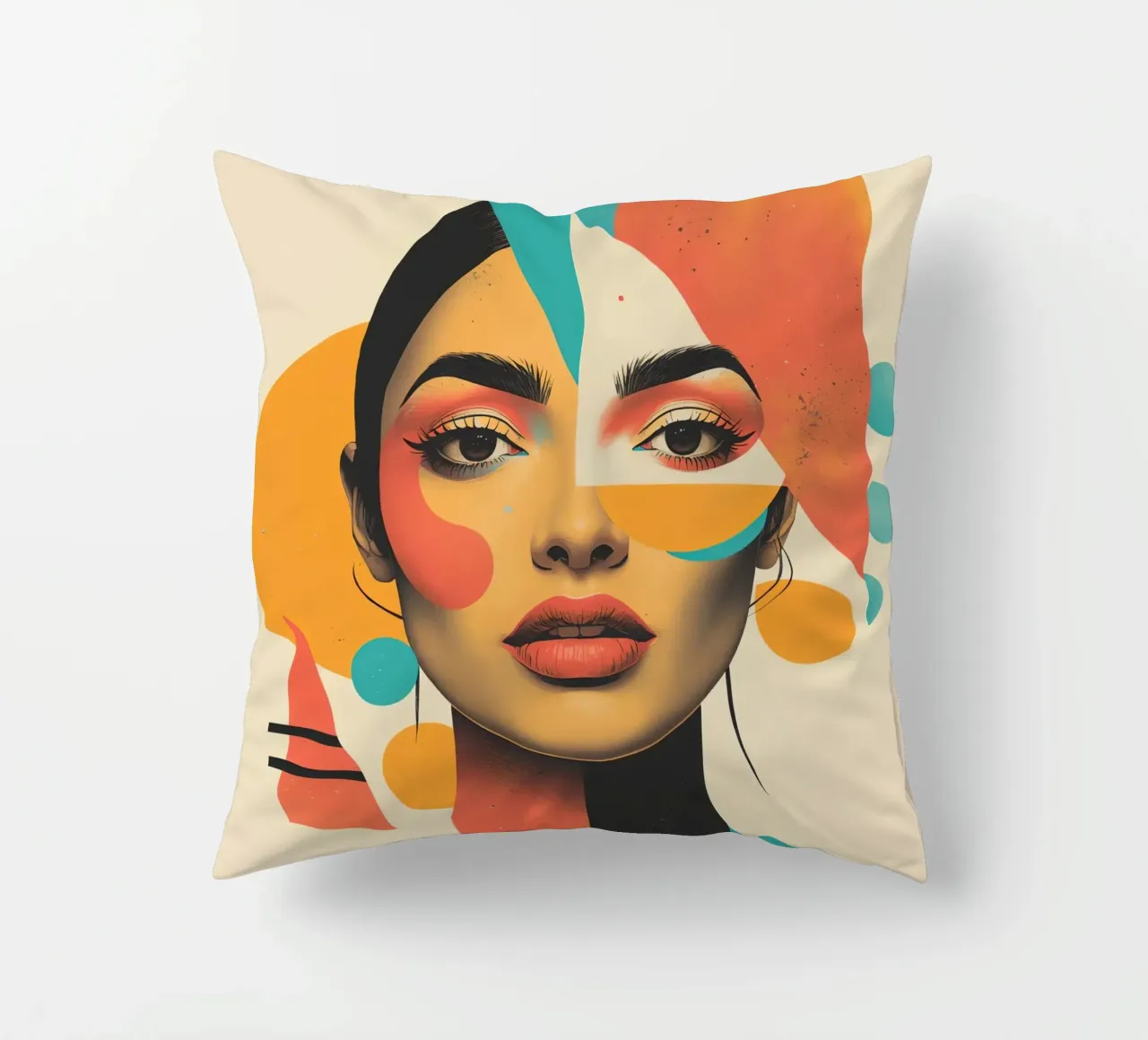 Volto di donna con sovrapposizione di forme geometriche in pastello cuscino da DesignDoodle