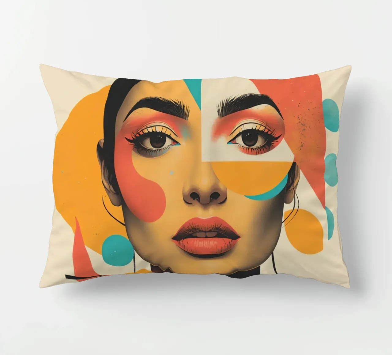 Volto di donna con sovrapposizione di forme geometriche in pastello cuscino da DesignDoodle