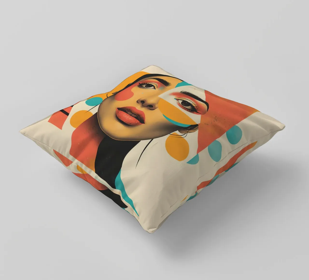 Volto di donna con sovrapposizione di forme geometriche in pastello cuscino da DesignDoodle