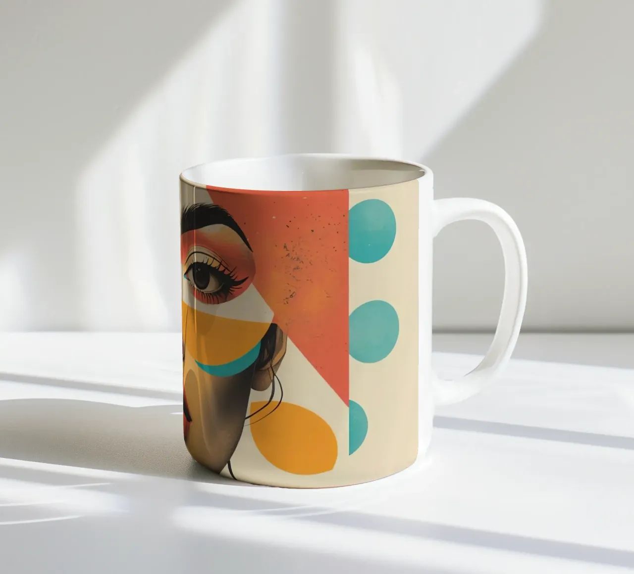 Volto di donna con sovrapposizione di forme geometriche in pastello tazza in ceramica da DesignDoodle