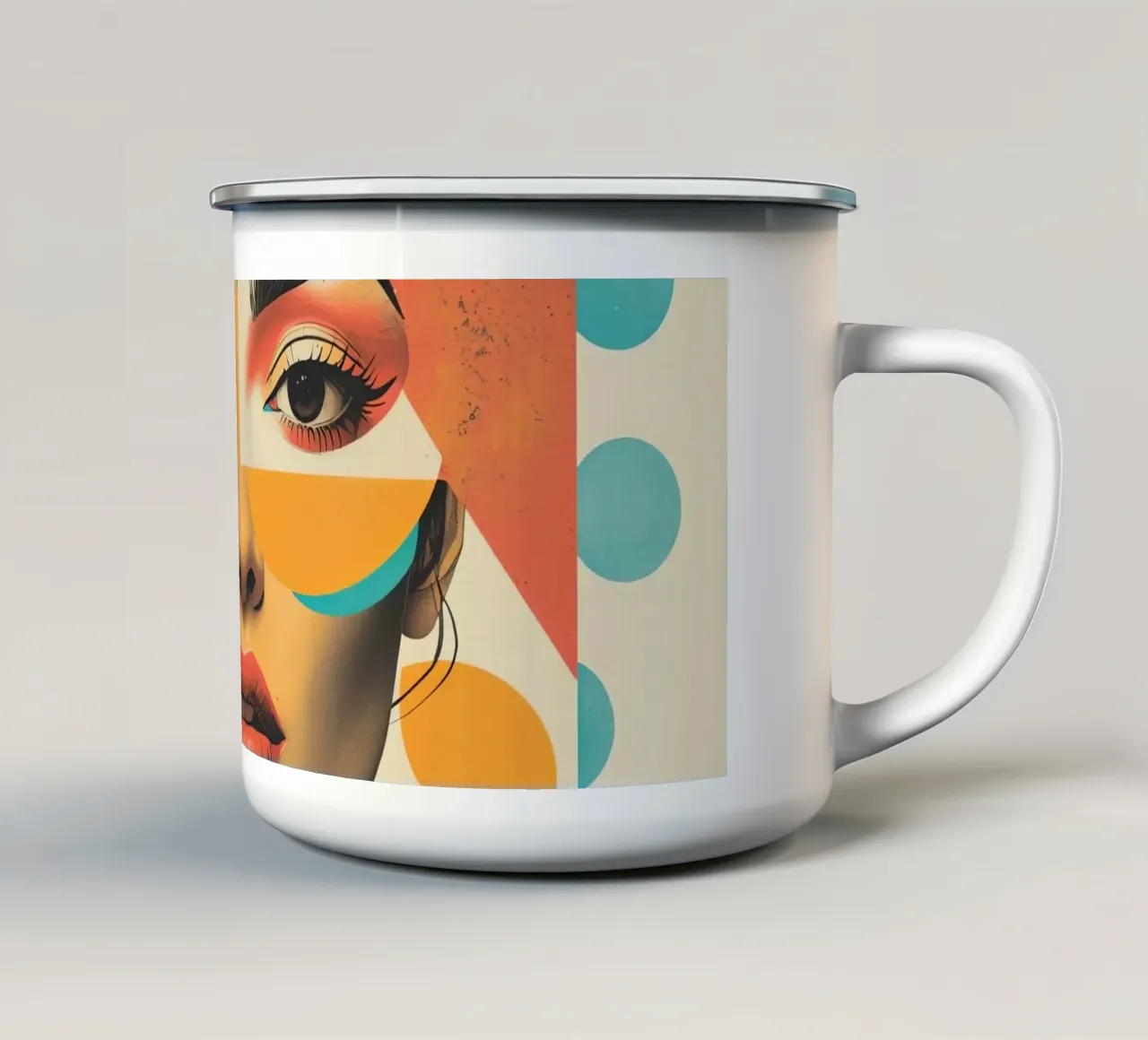 Volto di donna con sovrapposizione di forme geometriche in pastello tazza in smalto da DesignDoodle