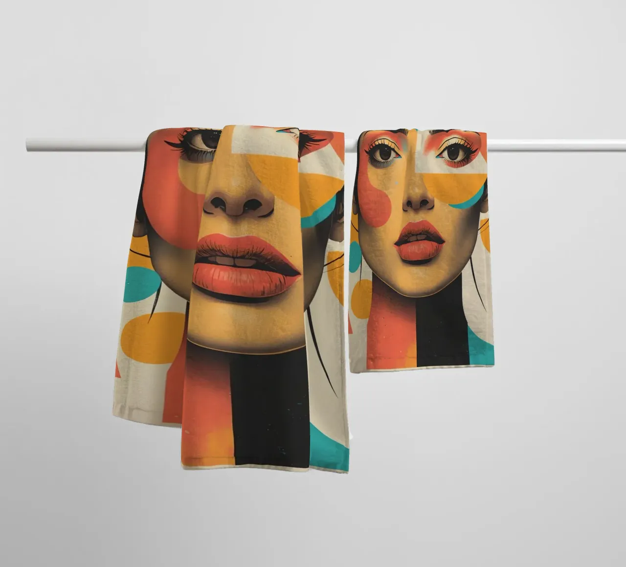 Volto di donna con sovrapposizione di forme geometriche in pastello asciugamano da bagno da DesignDoodle