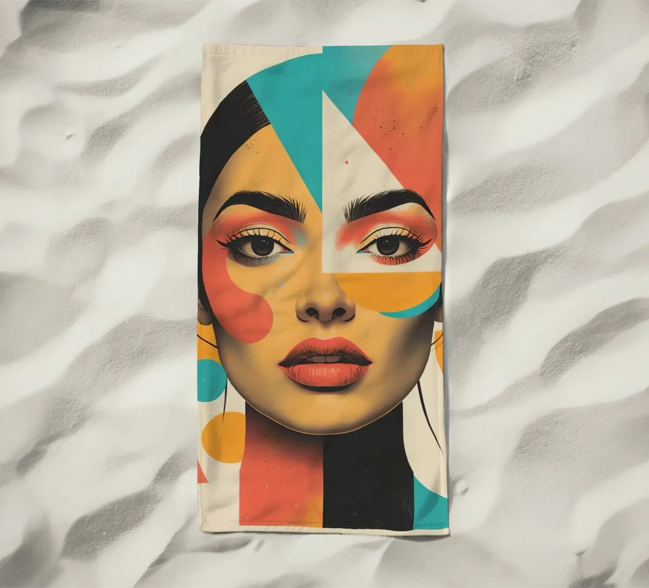Volto di donna con sovrapposizione di forme geometriche in pastello telo mare da DesignDoodle