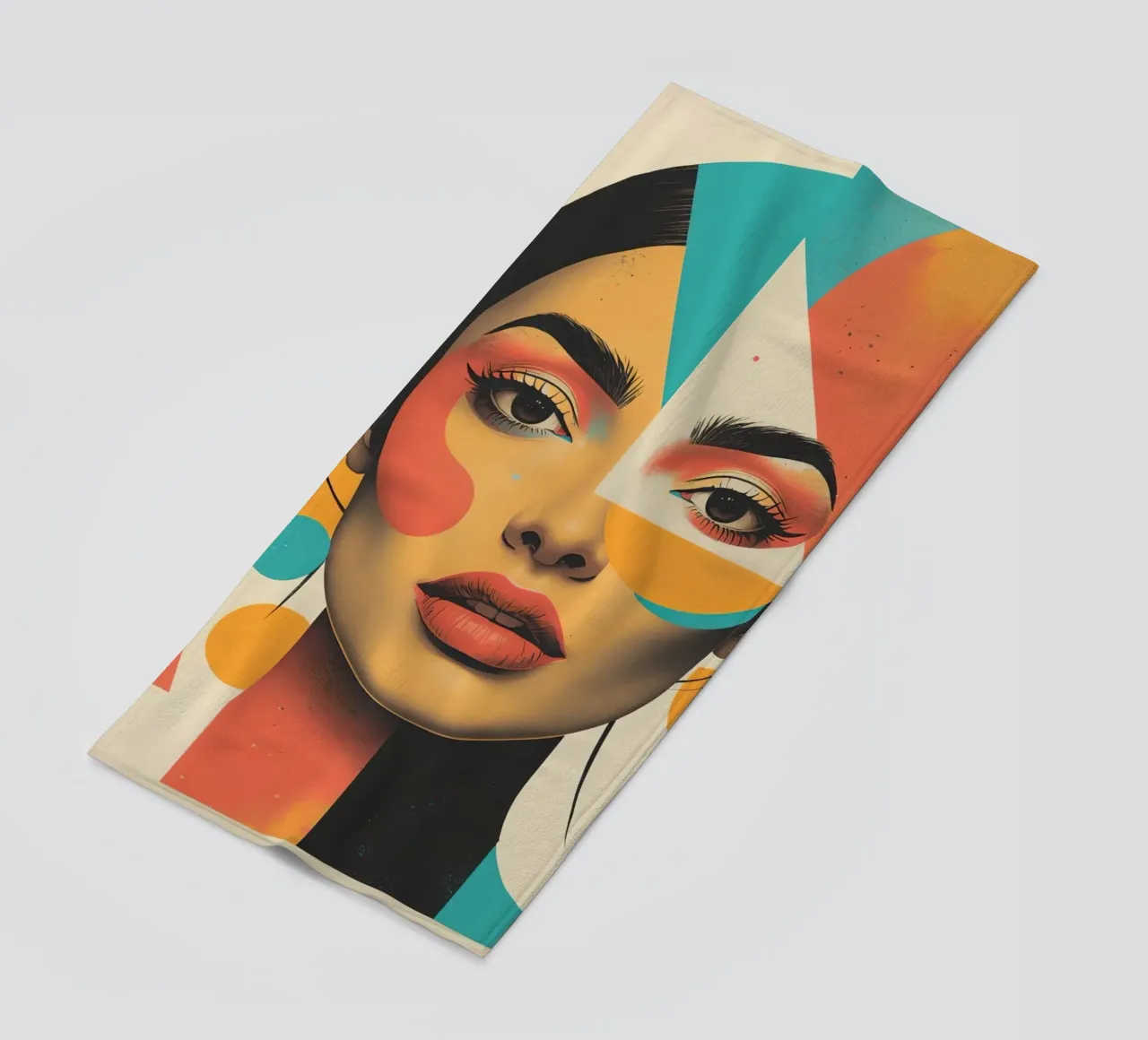 Volto di donna con sovrapposizione di forme geometriche in pastello telo mare da DesignDoodle