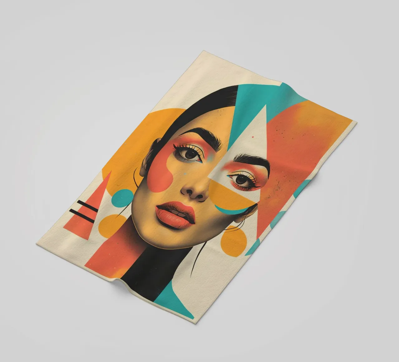 Volto di donna con sovrapposizione di forme geometriche in pastello telo mare da DesignDoodle